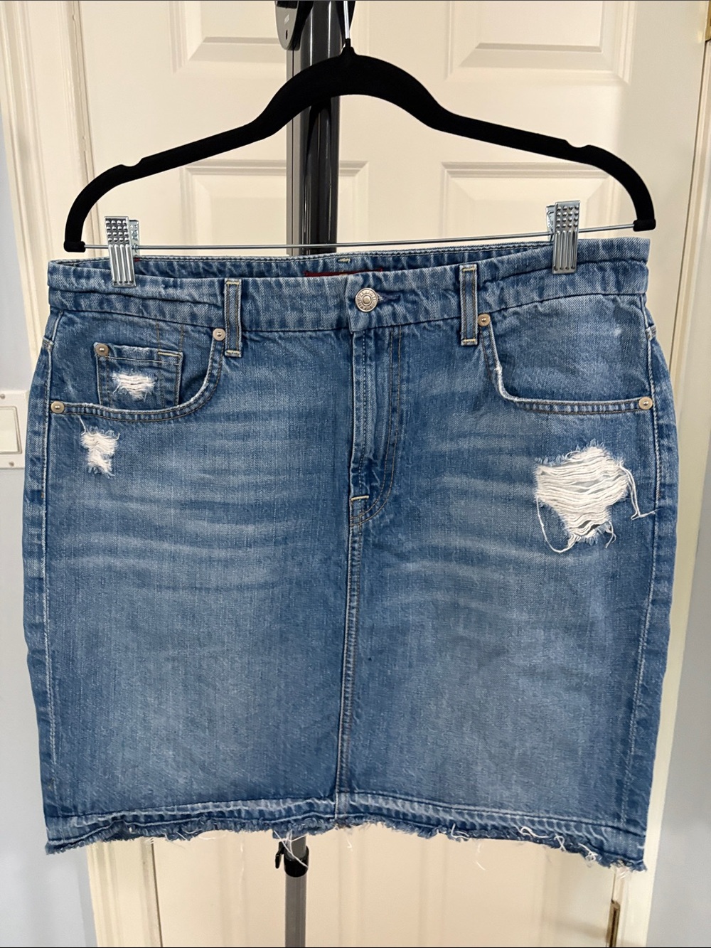 7 For All Mankind Light Blue Distressed Denim Mini Skirt